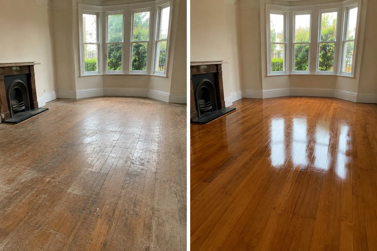 Before and after timber floor restoration in Dublin showing a worn wooden floor beside a sanded and high-gloss refinished floor