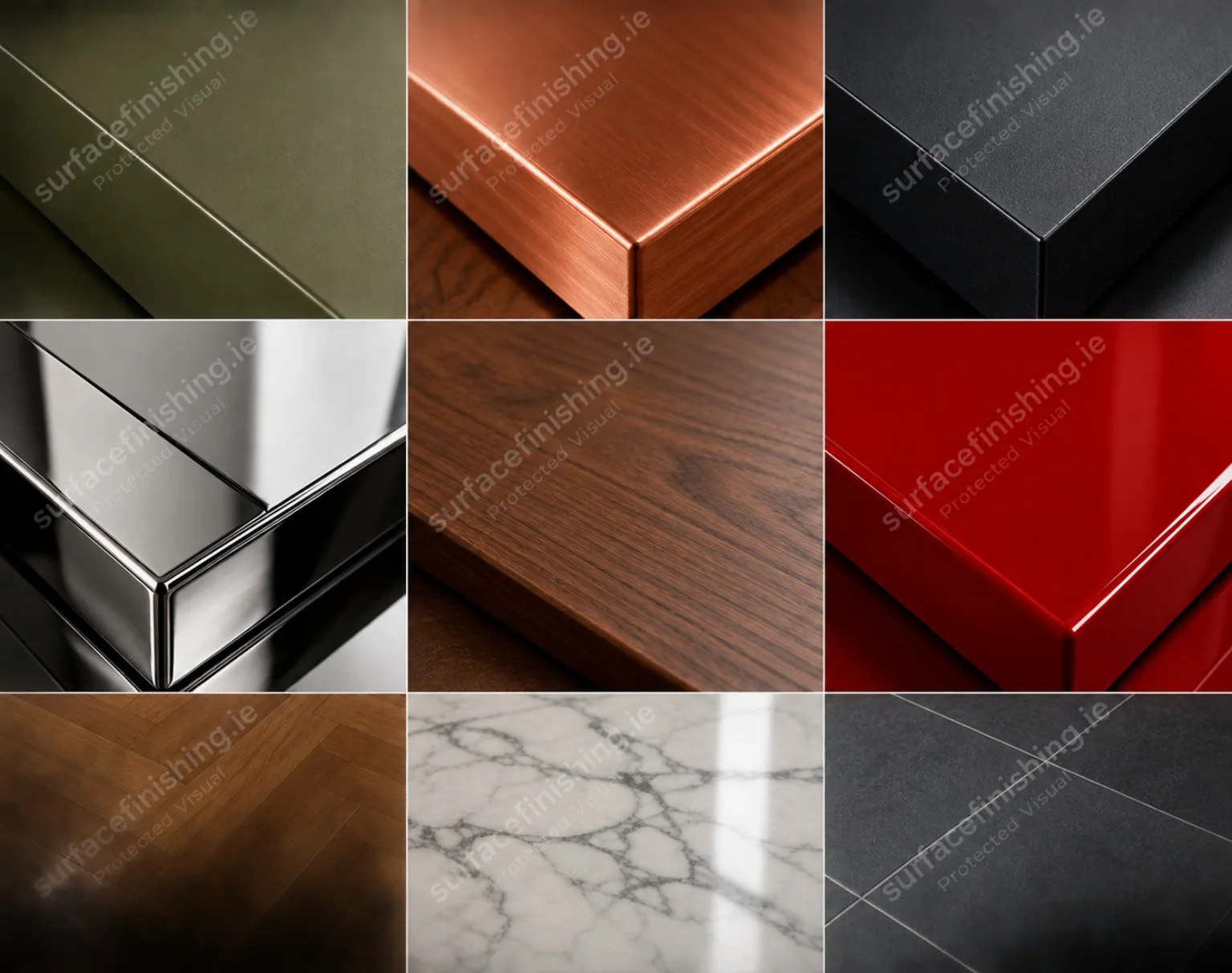 Examples of painted, polished, wood, stone and high-gloss surface finishes