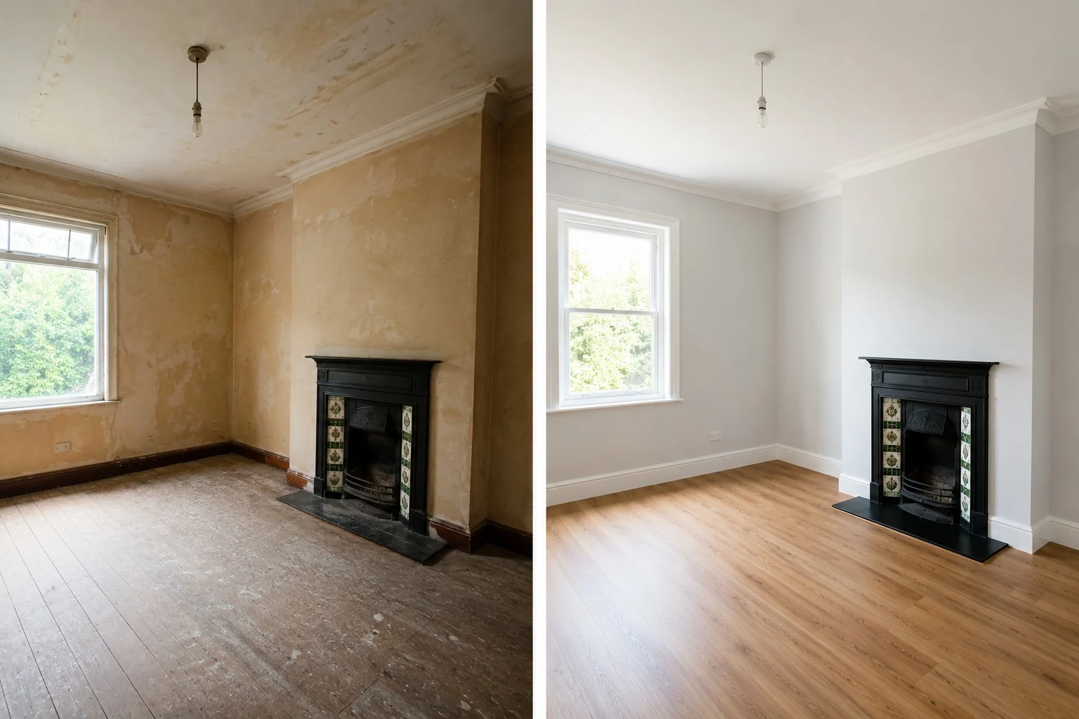 Before and after interior painting and room restoration in Dublin with repaired walls, painted ceiling and clean finished surfaces